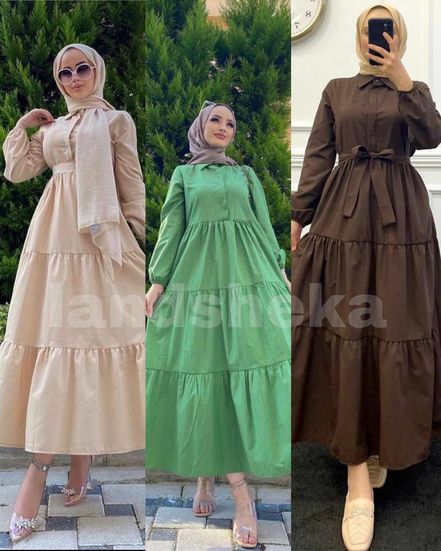 فستان طويل مع حزام بني اخضر بيج