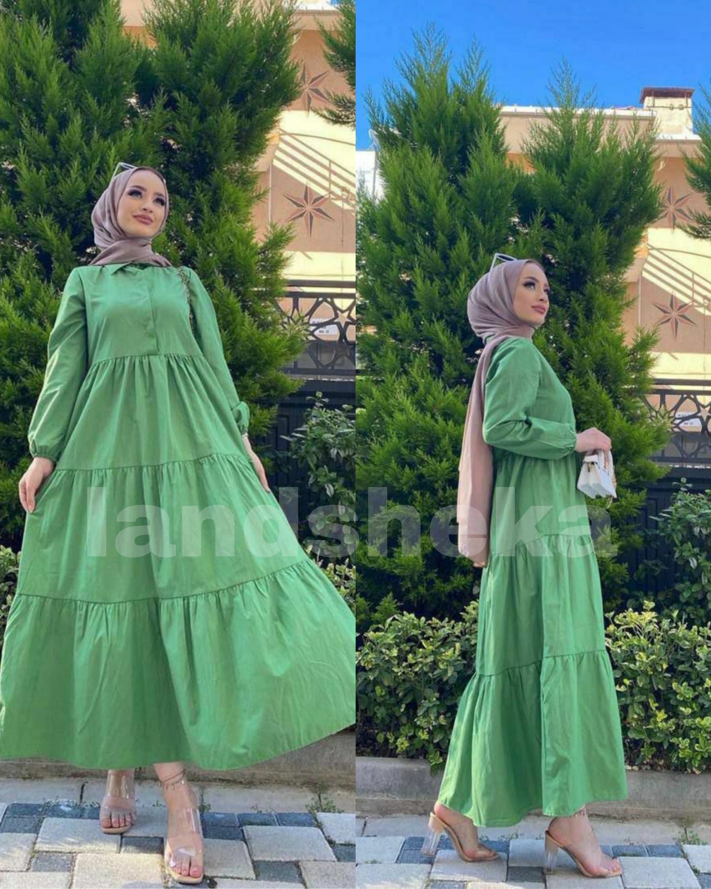 فستان طويل مع حزام بني اخضر بيج